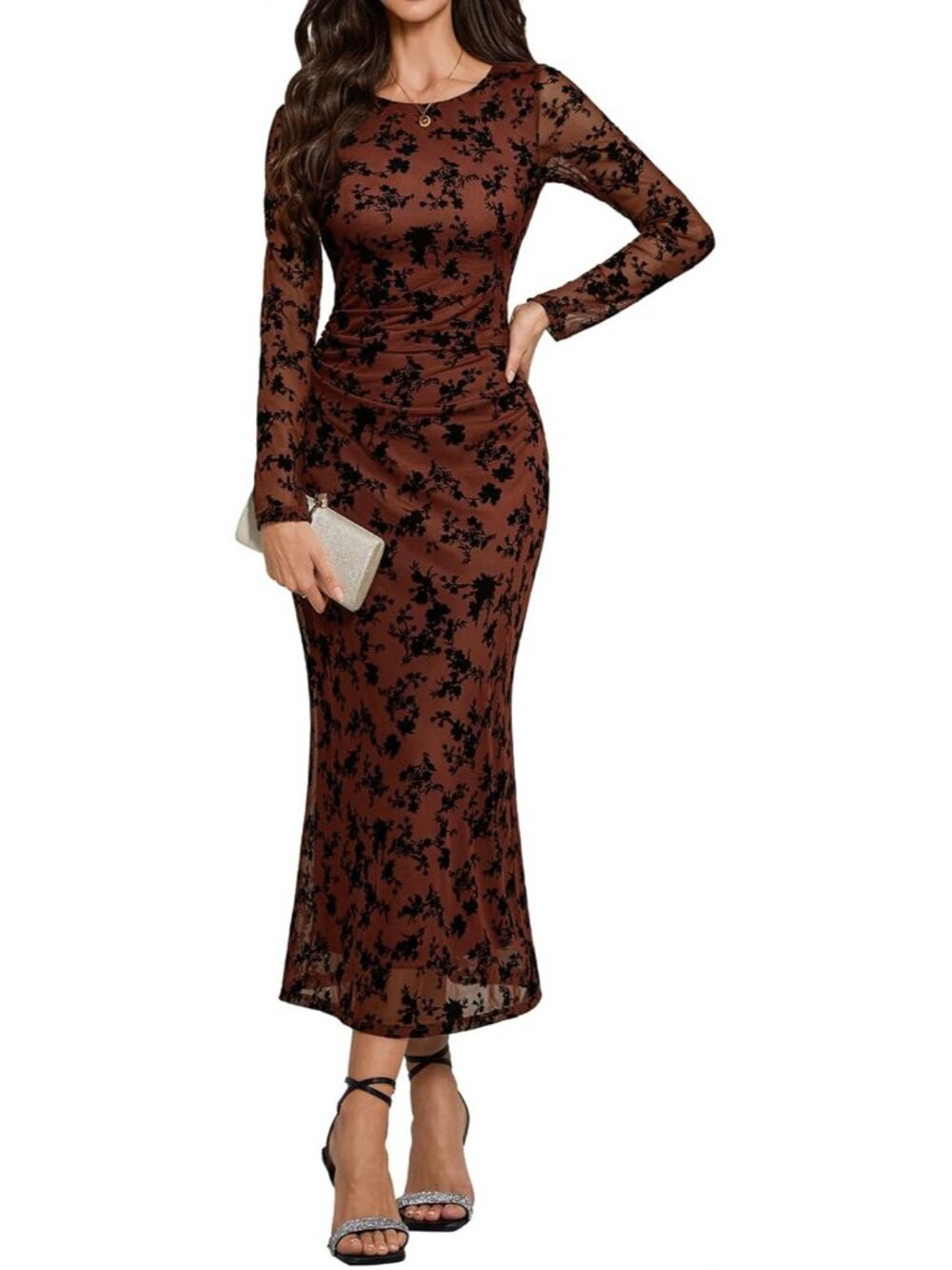 Women's Mesh Maxi Long Sleeve Floral Bodycon Brown Guest Cocktail Party Dress